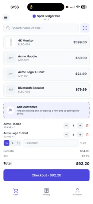 POS sale screen with cart items and checkout button